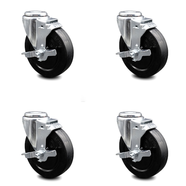 5 Inch Soft Rubber Wheel Swivel Bolt Hole Caster Set with Brake